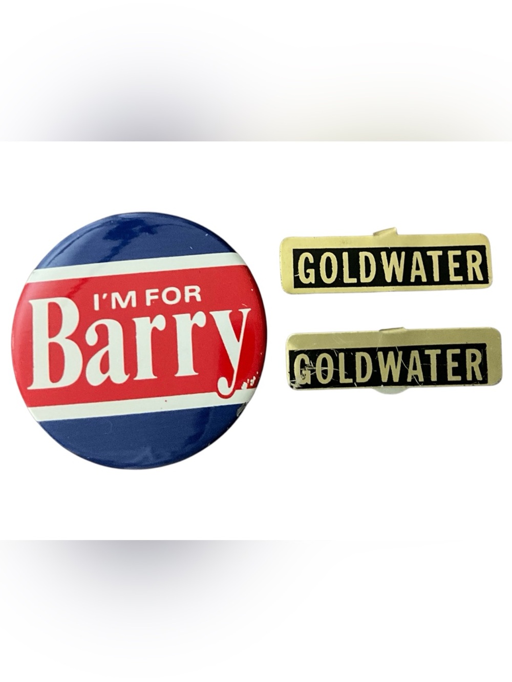 1964 Barry Goldwater Campaign Button and 2 Green Duck Goldwater Name Badges GOP